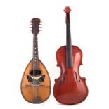 Bowl back mandolin, with butterfly design sound hole, rosewood bowl back, also a viola, which