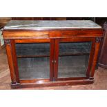 Victorian rosewood two door glazed side-cabinet with inset marble top (cracked), 129cm wide.