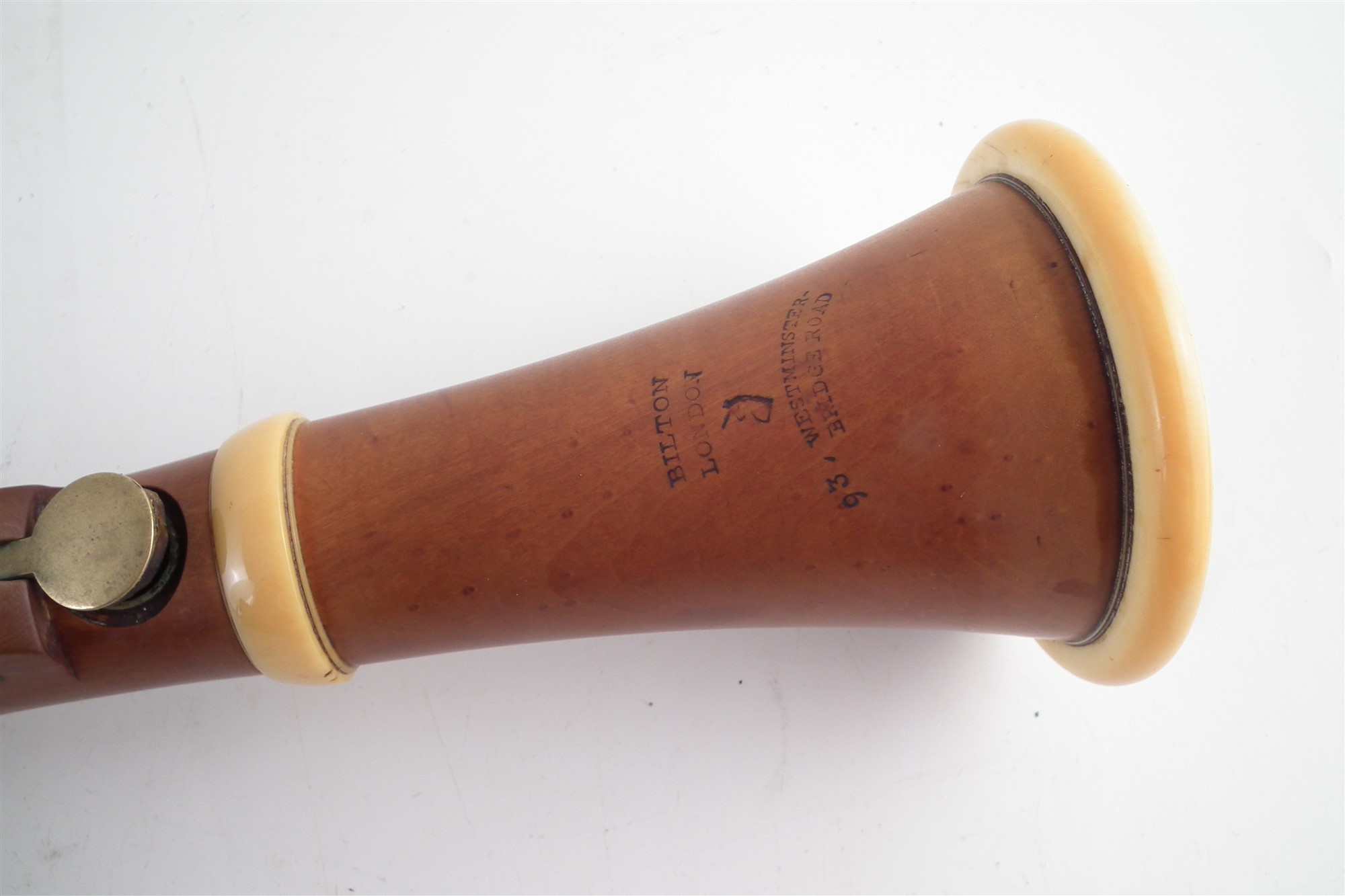 Boxwood and ivory clarinet by Bilton, stamped with 93 Westminster Bridge Road London address, with - Image 2 of 9