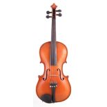 Amati pattern violin, with two piece back 36cm long, bow and case.