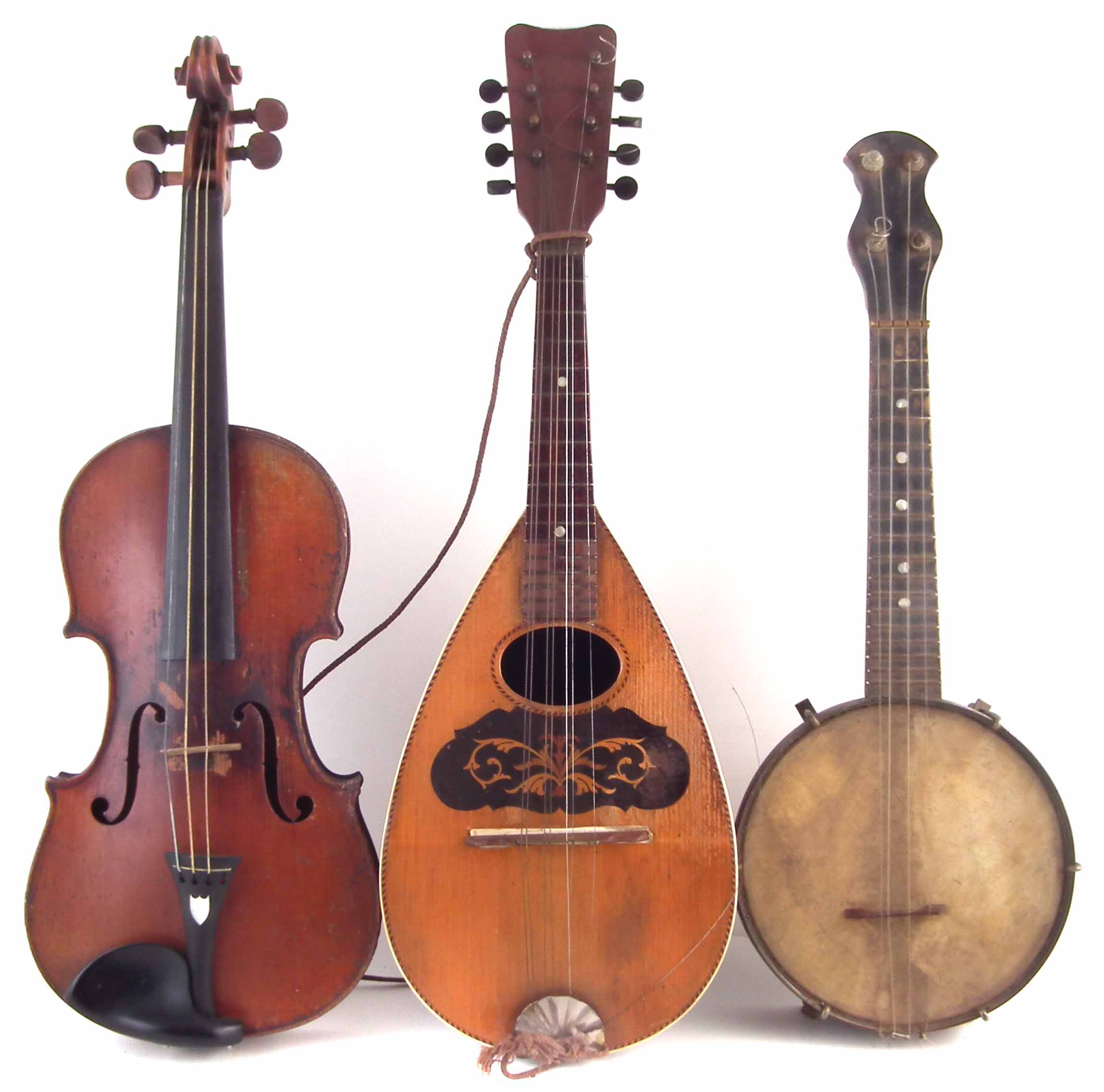 Three instruments to include a violin with two piece back measuring 36cm with case and bow, also a