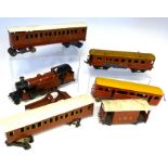 Bing/Bassett Lowke based 'O' gauge locomotive, hand painted 'L.M.S. 6952', three carriages, Royal