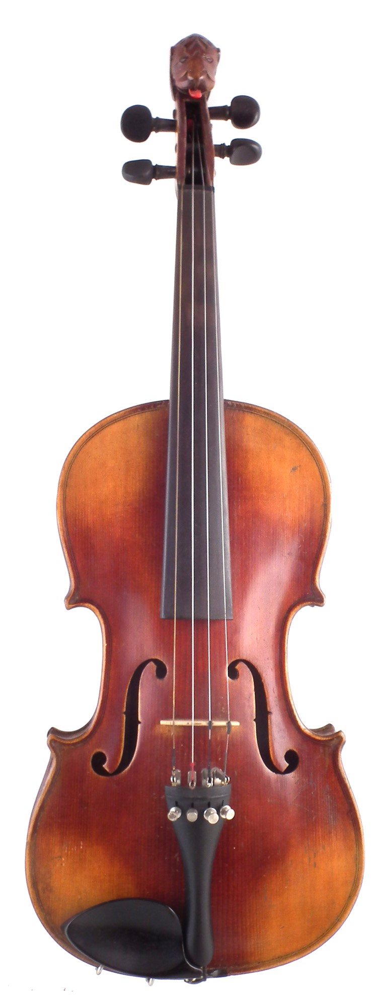 German violin with lion head scroll, with two piece back which measures 35.5cm, with bow and case.