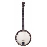 Windsor Whirl five string banjo, with walnut neck and resonator, inlaid pearl and ebony fingerboard,