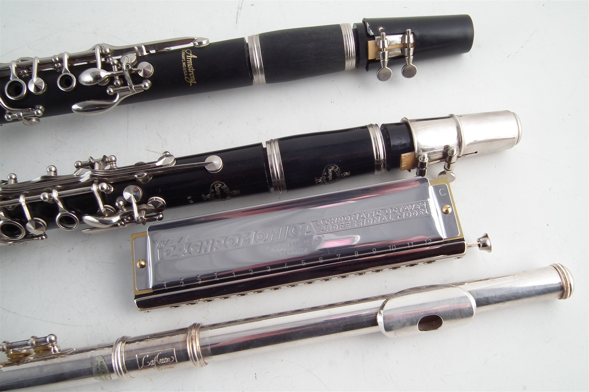 Armstrong clarinet, Buffet clarinet, Lafleur flute, Hohner 64 Chromonica , all with cases. - Image 4 of 4