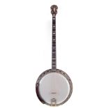 Parker of Penzance four string banjo, with Indian rosewood neck carved with fish, headstock inlaid