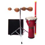 Collection of Percussion items, to include a Percussion Plus Rain Stick, Indian Djembe drum, and a