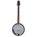 East Coast six string banjo, with star inlaid bound fingerboard and mahogany resonator, 99cm overall
