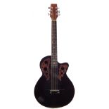 Steel string Ovation design bowl back guitar, 97cm long, with soft case.