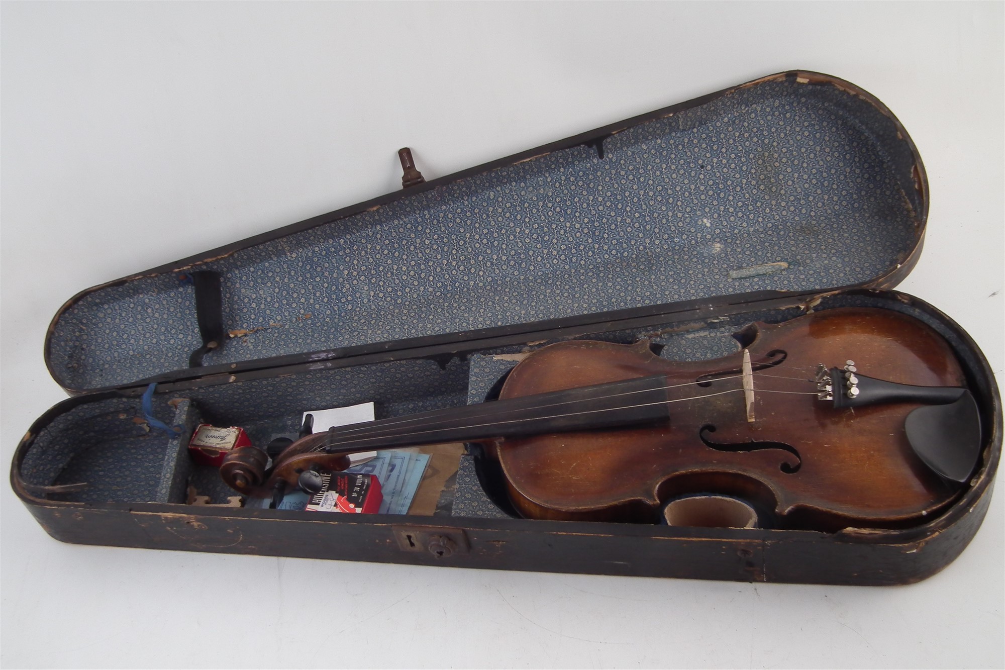 Violin after Stainer , with two piece back stamped Stainer, length of back 35.5cm high with case - Image 6 of 6