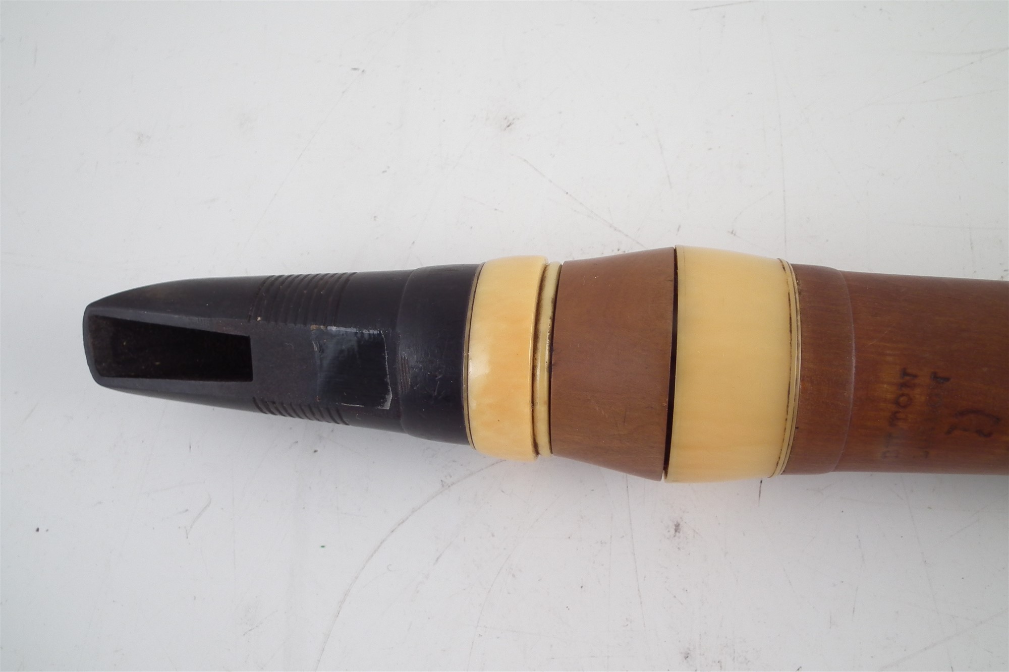 Boxwood and ivory clarinet by Bilton, stamped with 93 Westminster Bridge Road London address, with - Image 5 of 9