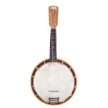 Dick Barrie ukulele banjo circa 1950, with mahogany resonator inlaid with purfling, 58cm overall