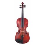 19th century violin after Pietro Guarneri, two piece back measuring 36cm together with three bows