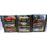 Nine Burago 1/18 scale boxed sports cars, Ferrari GTO, Mercedes 500K Roadster, Bugatti EB110, type