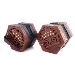 Two C. Jones Anglo twenty key concertinas, pierced mahogany hexagonal frames measuring 16.5cm wide