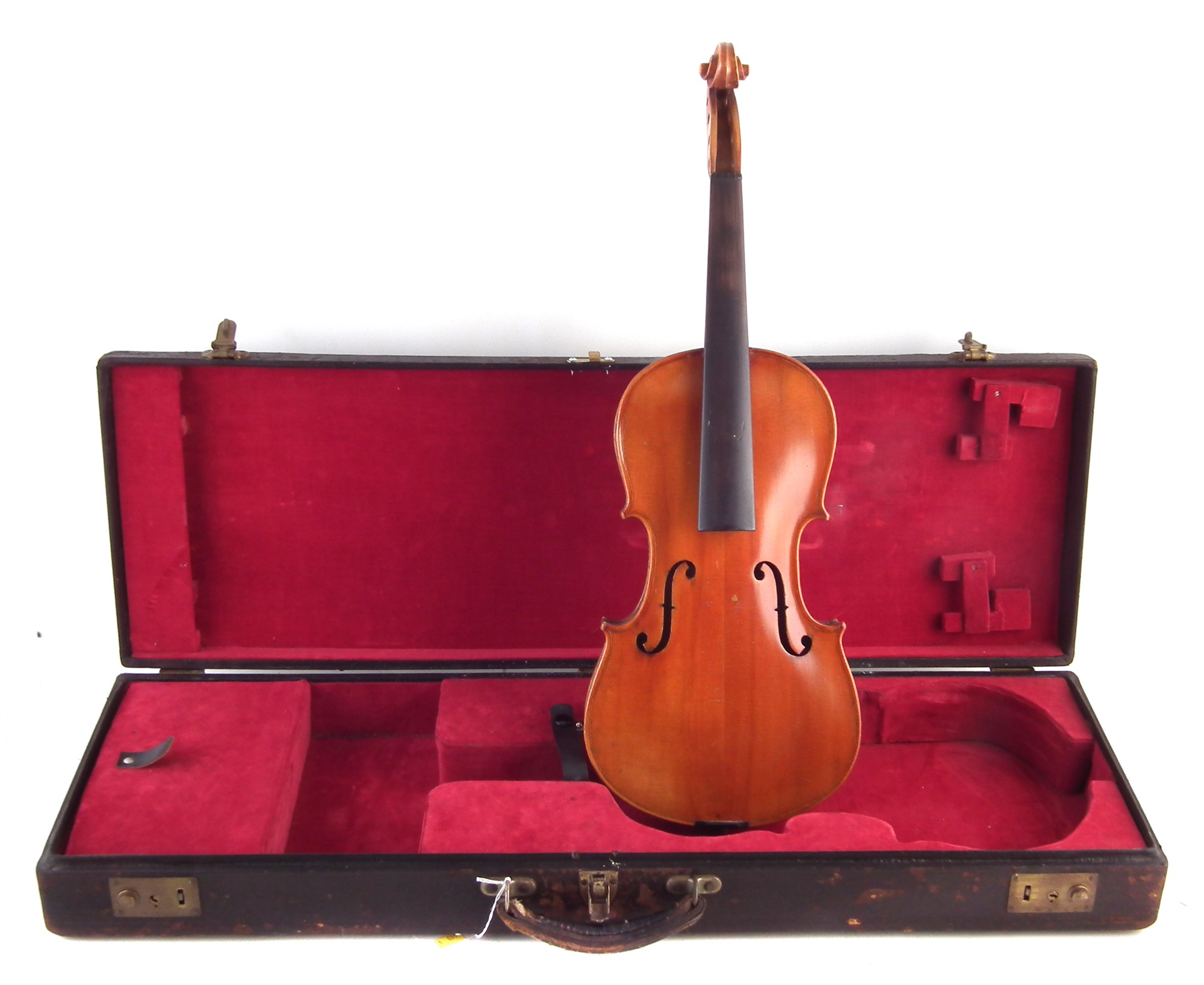 Violin, with two piece back measuring 36cm long, in fitted leather rectangular case.