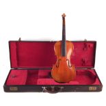 Violin, with two piece back measuring 36cm long, in fitted leather rectangular case.