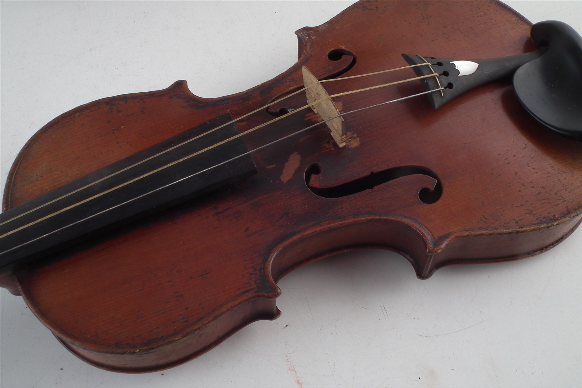 Three instruments to include a violin with two piece back measuring 36cm with case and bow, also a - Image 2 of 7