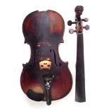 German violin , with lion head peg box, with bow and case, length of back 36.2cm