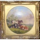 Oil painting of cattle grazing in the style of Thomas Sidney Cooper. Condition reports are not