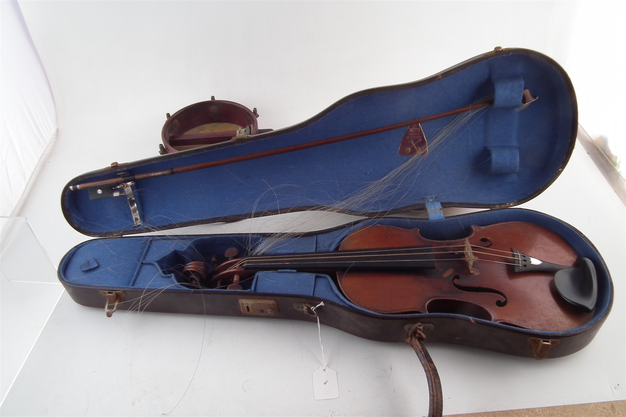 Three instruments to include a violin with two piece back measuring 36cm with case and bow, also a - Image 7 of 7