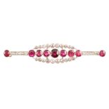 Edwardian ruby and diamond cluster bar brooch , the central bar containing a total of 9 round old