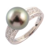Tahitian pearl and diamond set platinum ring , the round grey-black pearl measuring approx. 10mm,