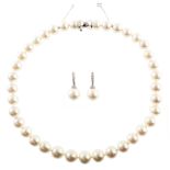 Single row South Sea cultured pearl necklace with matching earrings , the necklace comprising 37