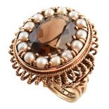 Smokey quartz and cultured pearl oval cluster 9ct gold ring , the oval head with central oval smokey