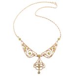 9ct gold Edwardian style peridot, seed pearl and diamond set drop pendant necklace , the Art Nouveau