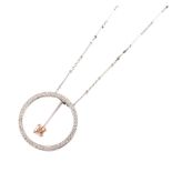 Diamond hoop drop 18ct white gold pendant and chain , the round openwork diamond set hoop with a