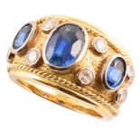 Etruscan style sapphire and diamond 18ct yellow gold ring, three oval mixed cut blue sapphires,