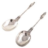 Pair of Continental silver apostle type spoons , rat tail to bowls to a rope twist stem with figural