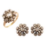 19th century diamond cluster ring and pair of matching screw back earrings, the round clusters