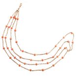 Victorian coral set 9ct gold 4-strand choker necklace , a total of 40 orange coral roundels,