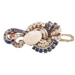 Art Deco opal, white and blue sapphire set clip , scrollwork open design comprising central oval