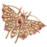 Late Victorian seed pearl and garnet 9ct gold butterfly brooch , butterfly body and wings carre