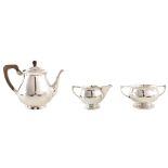 An A. Edward Jones 3-piece matched Arts & Crafts design silver teaset , comprising teapot, sugar