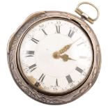 Georgian silver pair cased pocket watch , white enamelled dial with glazed cover, the brass plate