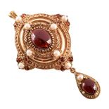 Mid-20th century Victorian style 9ct garnet and pearl pendant brooch, the Etruscan style brooch