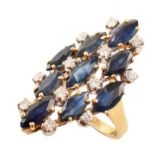 Sapphire and diamond large marquise shaped cluster 18ct yellow gold ring , the large cluster of open