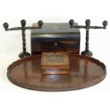 Matched pair of Ligum Vitae, oval mahogany tray, marquetry box and Victorian coromandel wood writing