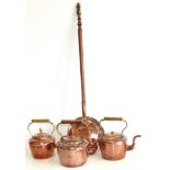 Three copper kettles and warming pan. Condition reports are not available for Interiors Sales.