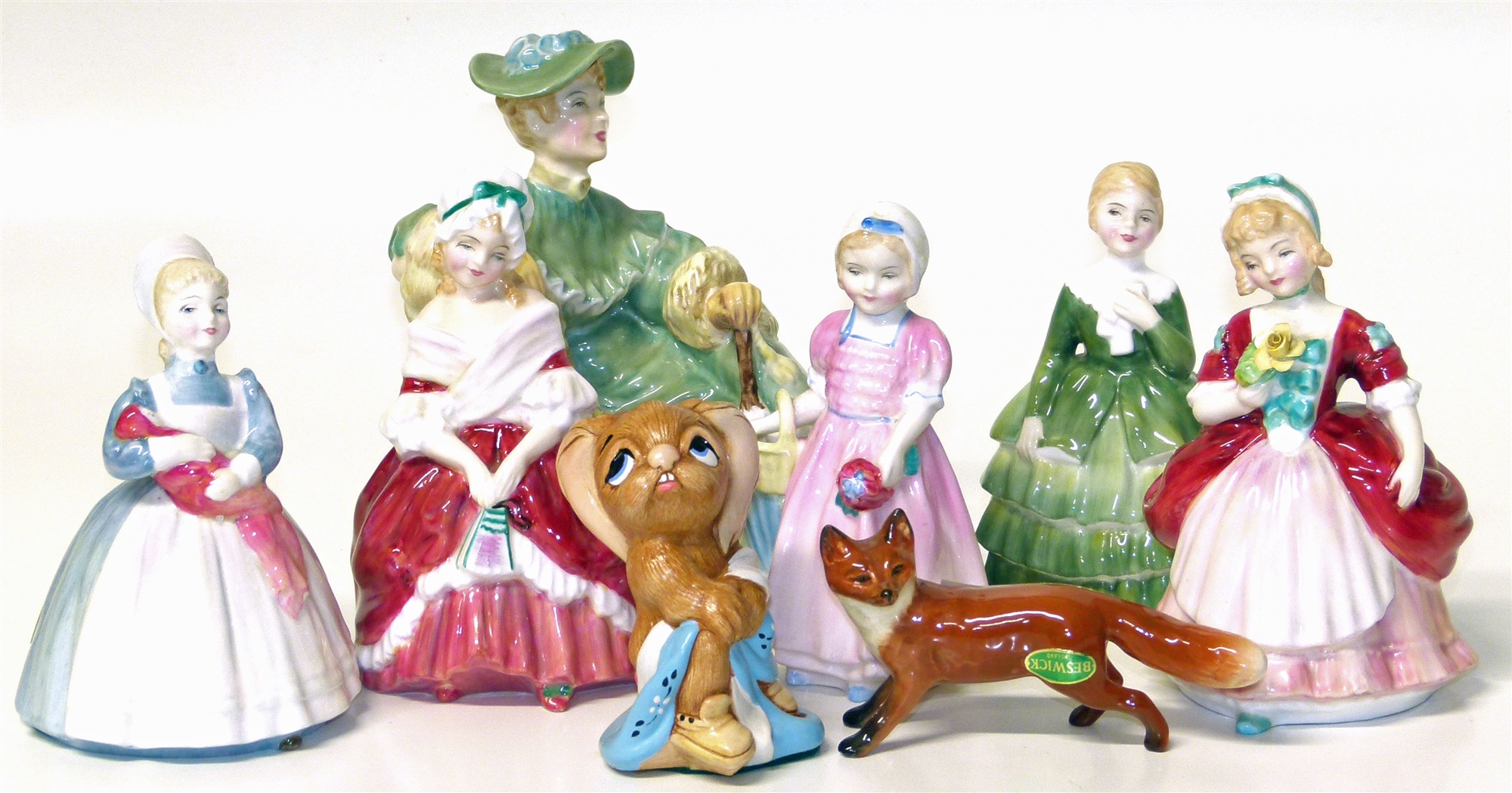 Beswick Fox, Pendelfin "Totty", Royal Doulton "Ascot" figures and five smaller figures "Belle", "The