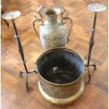 Tall Burmese brass vase, brass coal bucket and pair of cast iron floor standing pricketts 76cm tall.