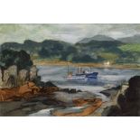 Gwyn Brown, 20th century, Coastal view with boats and a cottage, signed, dated 1965 on label