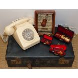 White 1970's telephone (537394) by Pye T.M.C., four modern cased miniature violins and fibre