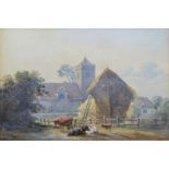 Henry Earp Snr. (1831-1914), Rural view with cattle, haystack and church, signed, watercolour, 23