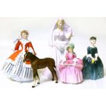 Royal Doulton figure "The Bride" HN2166, "Noelle" HN2179, two other Royal Doulton figures and a