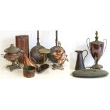 Victorian copper samovar, spirk kettle, copper funnel shaped jug and two warming pots Condition